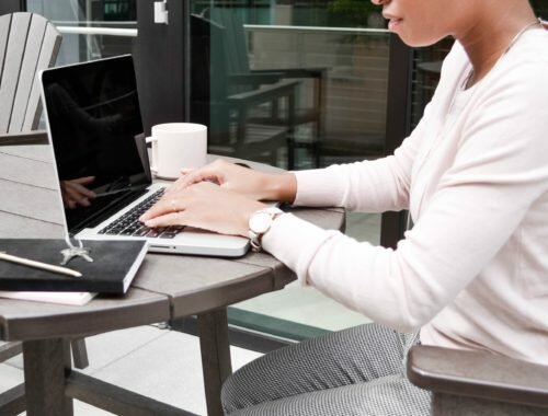 Translator working on her laptop